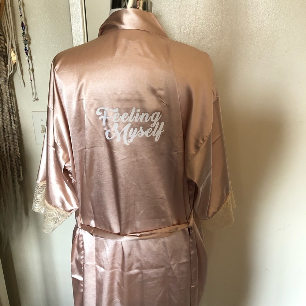 Custom “feeling myself” light Blush Pink Silky Lace Short Robe Bridal bath - Picture 9 of 16